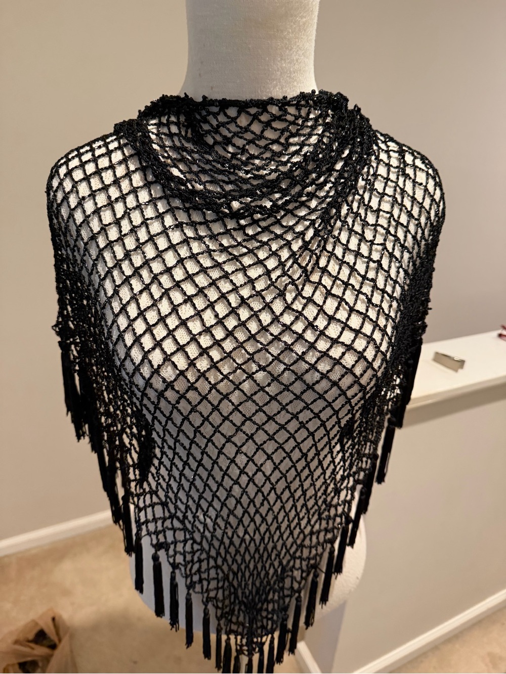 Black Mesh Beaded Crochet Fringe Poncho/Shawl/Scarf. Cover Up. Tassels.